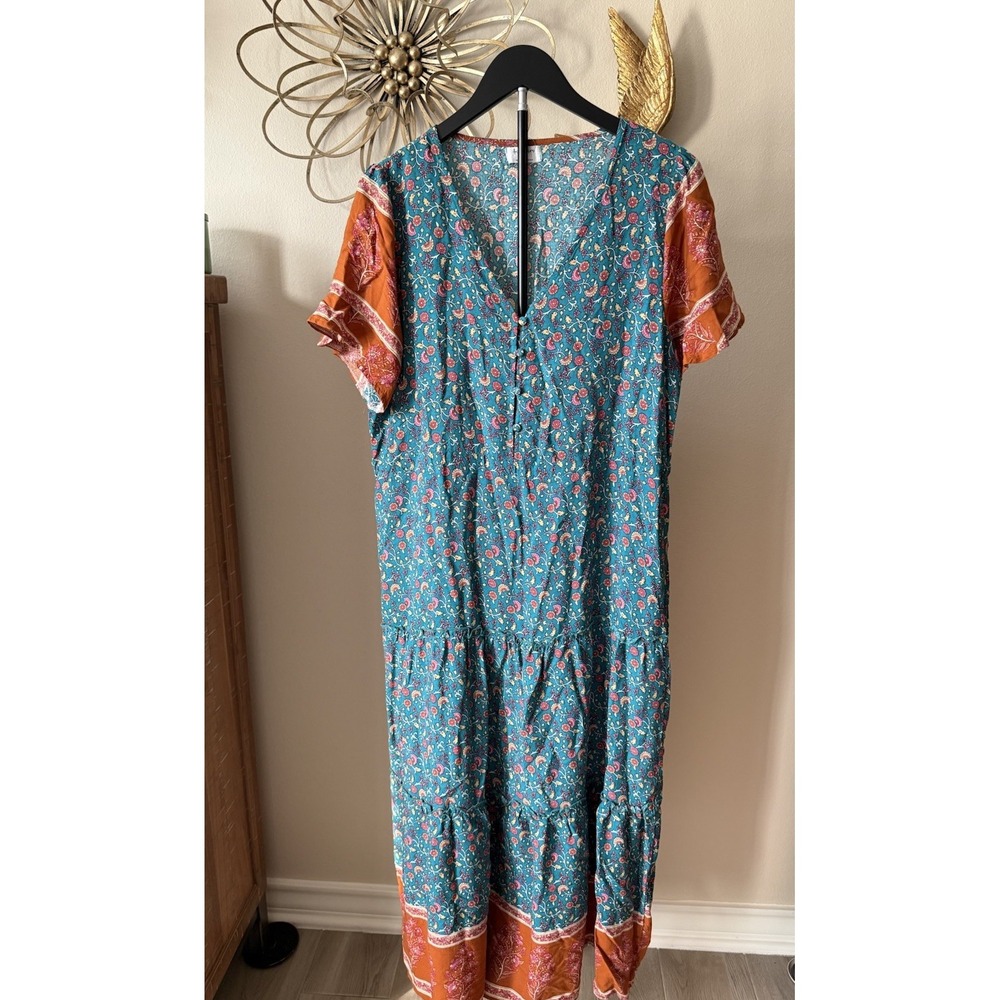 Sapphir Floral Boho Maxi Dress Women M Teal Pink Rayon Tiered Cottagecore